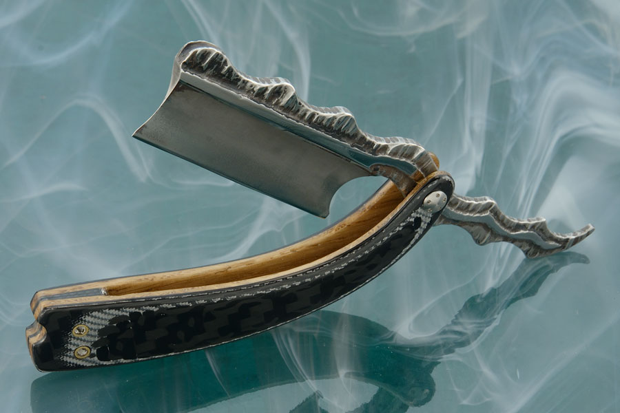 Carved Straight Razor with Carbon Fiber and Silver Twill